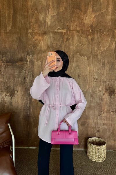 HYWONA Women's 100% Cotton Muslin Oversize Hijab Shirt Tunic Pink