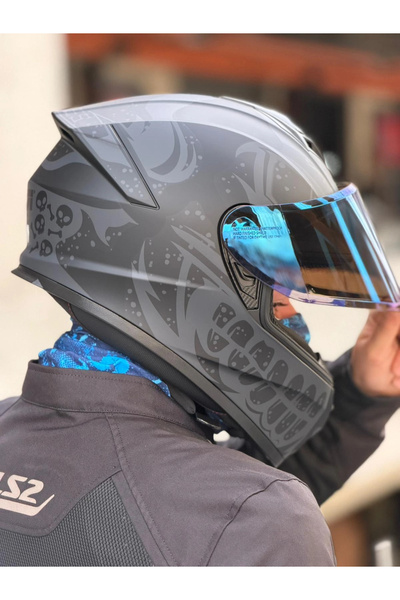 Givi 50.X BONES MAT SİYAH-GRİ KASK (MAVİ VİZÖR)