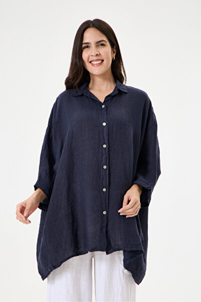 della moor Women's Navy Blue Italian 100% Linen Plus Size Poncho Linen Shirt ...