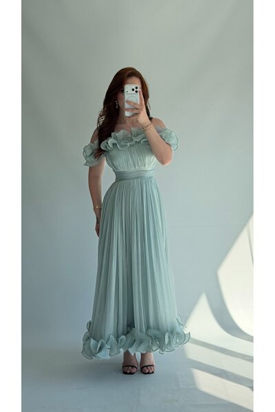 ayşenur Dinçer butik Alina Volanlı Su Yeşili Abiye