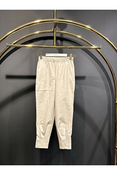 ALANURMODA A164 Leather Trousers with Stitched Cuffs Beige