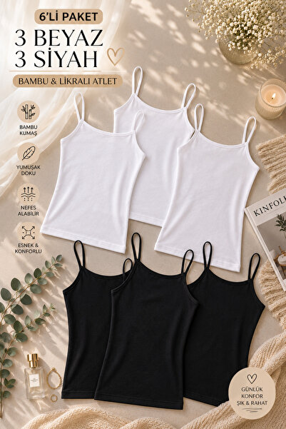 ROZELT Women's 6-Piece Black&White Bamboo Lycra Thin Strap Undershirt