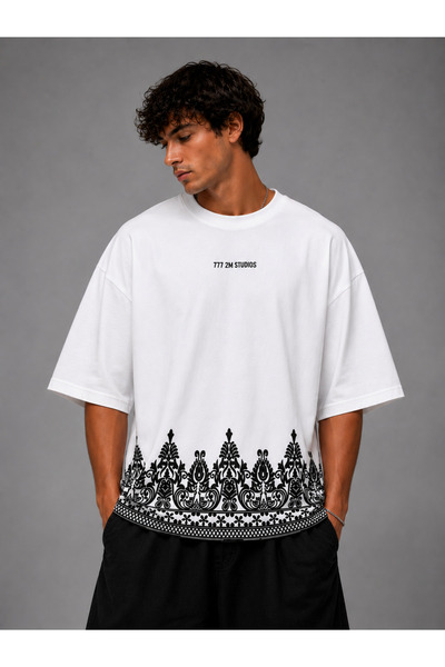 Nulivez Ottoman Patterned Oversize Unisex T-Shirt – Ethnic Motif Printed Shor...