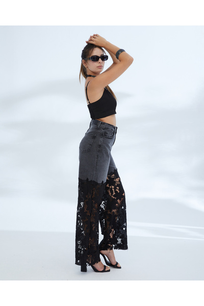 jeanlog Women's Black Gray High Waist Lace Detailed Lycra Wide Leg Jean Trousers