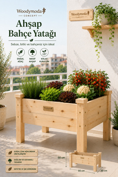 Woodymoda Ahşap Bahçe Yatağı 55x30x50 cm | Masif Çam Balkon Sebze Yetiştirme ...