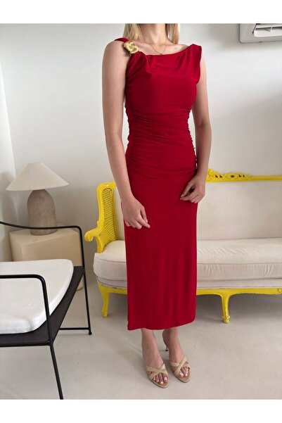 Bade Butik Red Draped Back Low-cut Dress