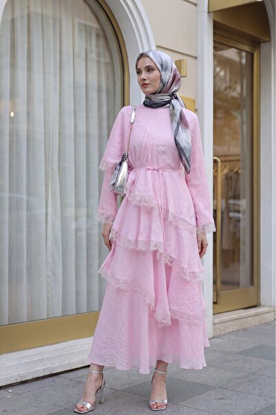 Modamorfo Lace Detailed Layered Belted Lined Tulle Modal Dress - Pink