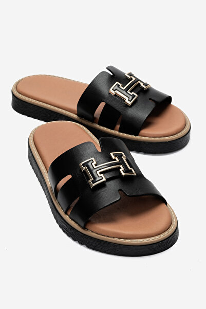 babiva Genuine Leather Buckle Comfort Sole Black Women's Slippers