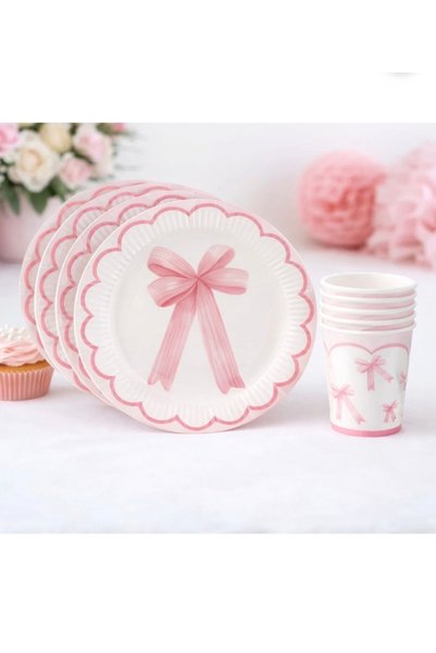 Yamello Fiyonk Temalı Pembe Beyaz Karton Tabak Bardak Set 8 Tabak 8 Bardak 23 cm