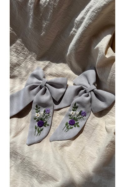 Generic Brand Gray Fabric Purple Flower Embroidered Bow Hair Clip |   Handmade Fabric Ribbon Buckle |   Girls & Women