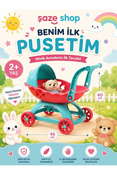 SAZE Şaze Shop Benim İlk Pusetim Pembe Oyuncak Bebek Arabası 46x40 cm 2+ Yaş ...