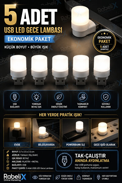 Rabelix Online Marketing Tak Çalıştır Mini USB LED Gece Lambası Beyaz Işık Ta...