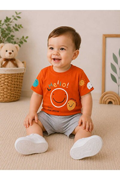 krm kerem bebe Hello Come on Smile Printed 100% Cotton Combed Cotton Summer U...