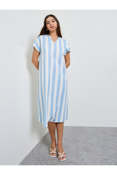 Take Two By Styli Blue Striped Shift Midi Dress