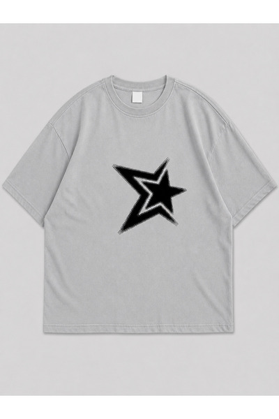 ZİYMO Unisex Y2K Star Printed Oversized T-Shirt Gray
