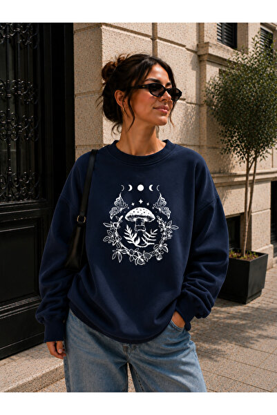 caddekombin Mushroom and Moon Printed Crew Neck Sweatshirt