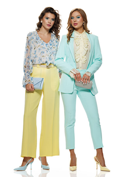Fofy Compleu dama elegant aqua sacou cu revere si cordon pantalon conic