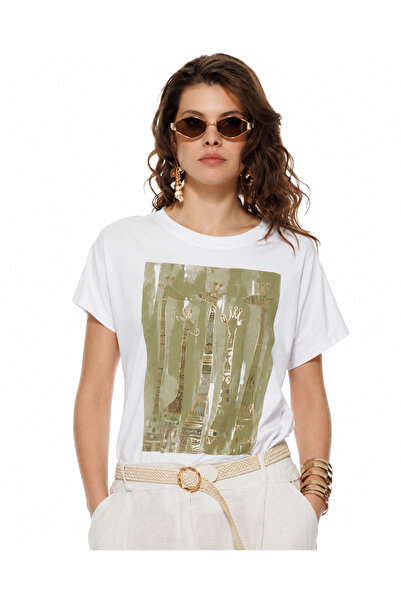 Fofy Tricou dama din bumbac premium imprimeu girafe pelicula aurie safari sum...
