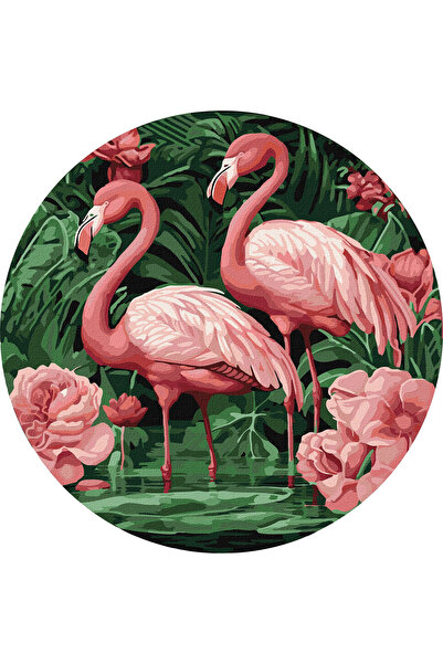 ideyka Set pictura pe numere rotunda, cu sasiu, Flamingo si flori, Ø39 cm