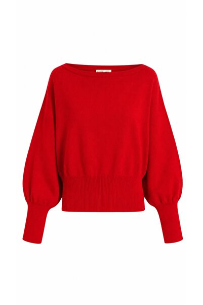 STF MODA Women's Popular Asymmetrical Boat Neck Knitwear Sweater Red