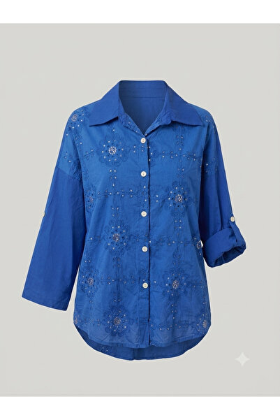 MADE İN ITALY Italian Women's Embroidered Sequin Detailed Linen Shirt – Overs...