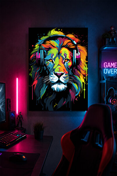 Lucena Gaming Lion Metal Wall Art cu căști Decor pentru cameră pentru jucător...