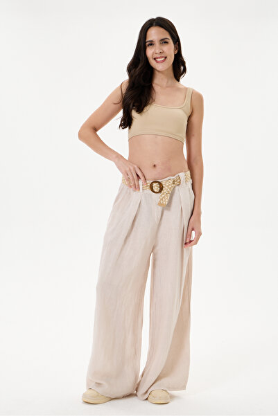 della moor Women's Beige Italian 100% Linen Straw Belted Pleated Wide Leg Lin...