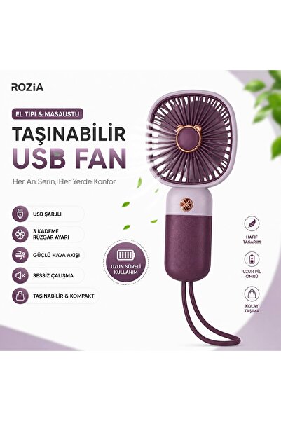 ROZIA USB Şarjlı Mini El Vantilatörü Taşınabilir Masaüstü Fan 3 Kademeli Sess...