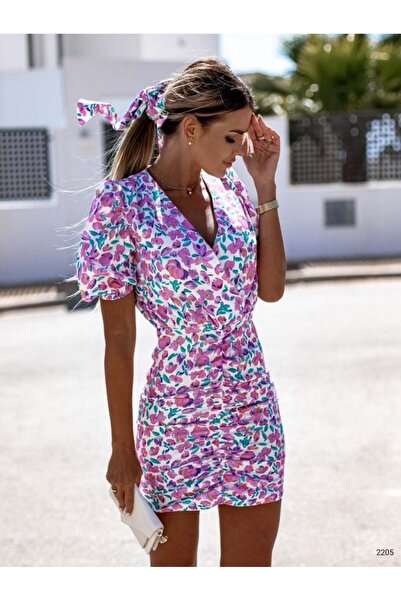 Modafeminen White Patterned V-Neck Gathered Mini Dress 582205