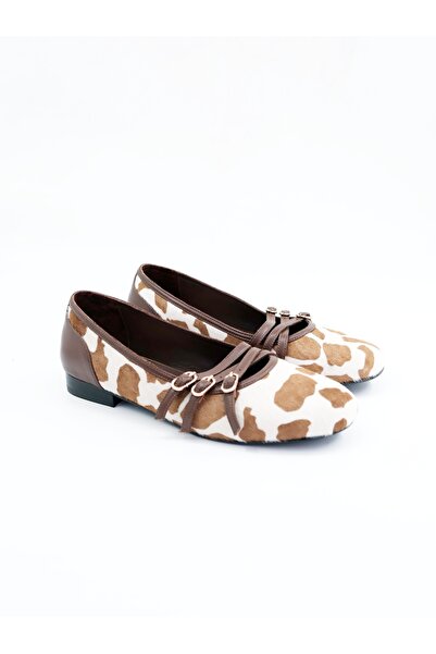 Tenau Women's Genuine Leather Ballerinas Brown White Leopard