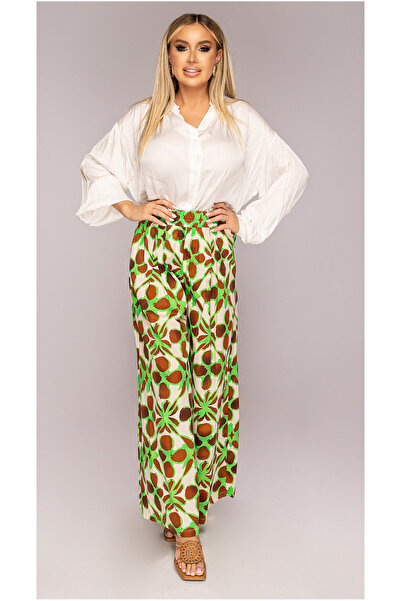 OEM Pantaloni dama, imprimeu verde, largi, cu elastic in talie, One Size