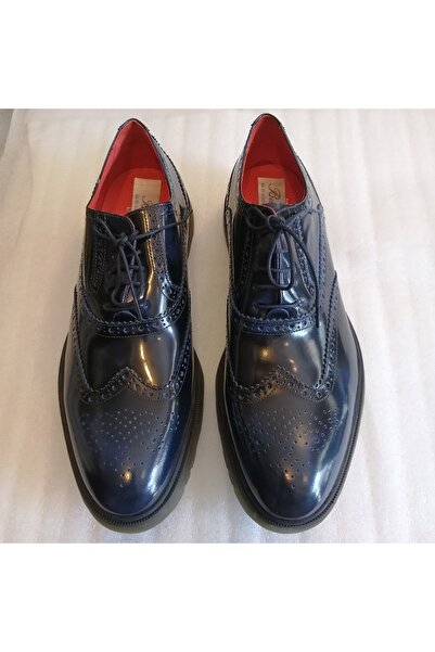 Butik Tülin Men's Genuine Cowhide Patent Leather Navy Blue Double-Sole Perfor...