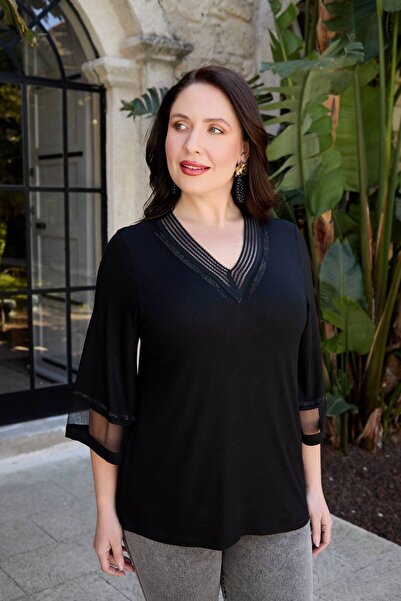 TUSSE Elegant Women's Stylish Viscose V-Neck Blouse with Sleeve Detail and Th...