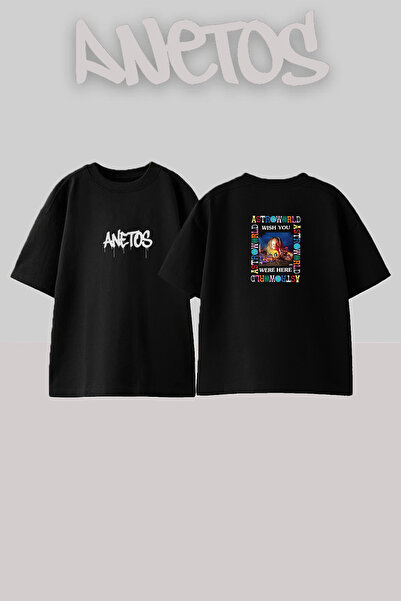 Anetos Μαύρο μπλουζάκι με στάμπα Astroworld Design, Unisex, Oversize