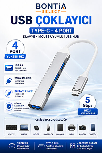 Bontia USB Çoklayıcı Type-C 4 Port USB Hub USB 3.0 Çoklayıcı Klavye Mouse Fla...