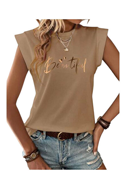 OEM Tricou dama, casual, bej, cu mesaj, S