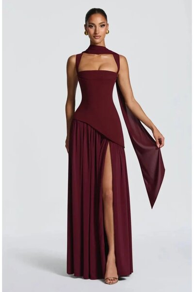 Cool & Sexy Imported Atlas Fabric Back Detail Maxi Dress Burgundy