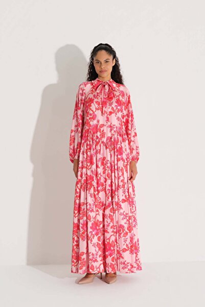 miha Hicran Önal Chiffon Satin Dress with Bow Collar Red