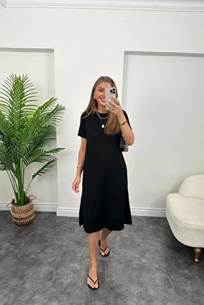 Generic Brand Women's Short Sleeve Slit Detailed Loose Viscose Dress
