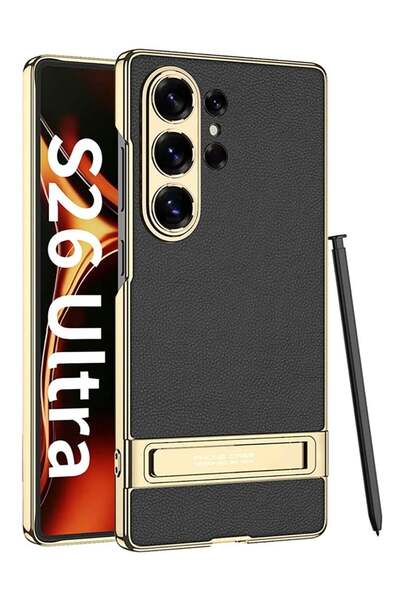 Generic S26 Ultra Case | Premium Leather Black with Golden TPU Frame for Sams...