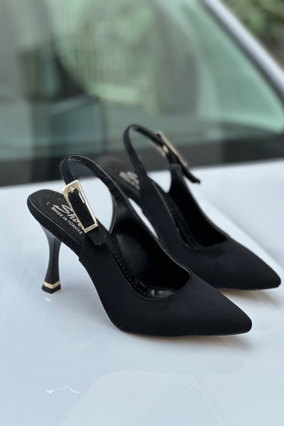 topuksarayı Tao Black Suede Slingback Pointed Toe Thin Heel Shoes