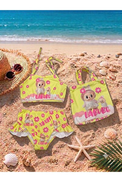 ARBİ kids Girl's Yellow Heart Three-Piece Bag Swimsuit
