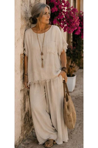Budan Export Women's Linen Tassel Detailed Crew Neck Casual Oversize Summer B...