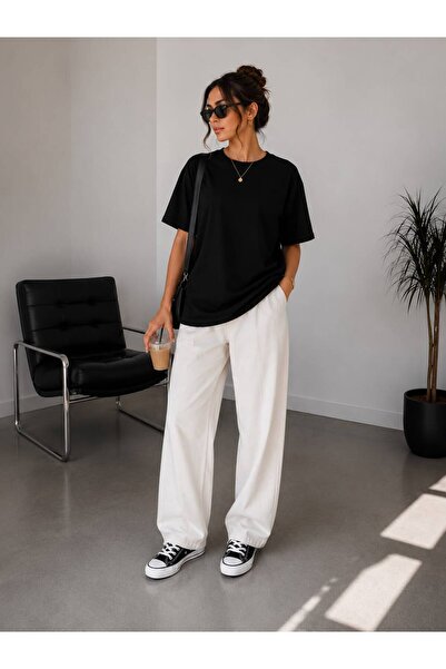 west club Cotton Women's Black Oversize Basic T-Shirt with Crew Neck