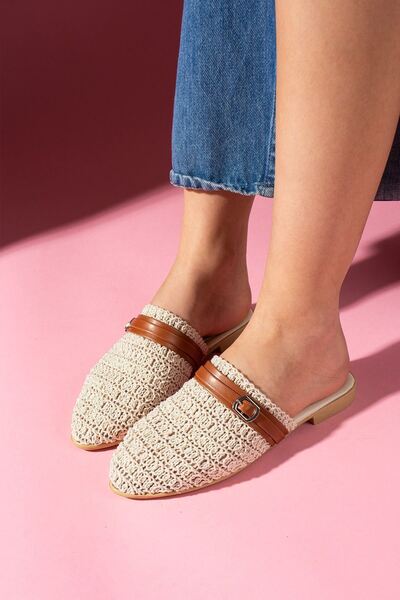Trend Marfa Armor Knitted Knitwear Tan Belt Detailed Slippers