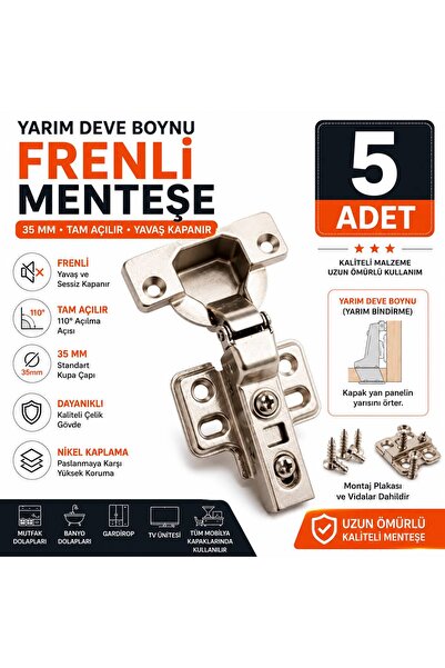 ROZIA Yarım Deve Boynu Frenli Menteşe Tam Açılır Gizli Dolap Menteşesi 5’li P...