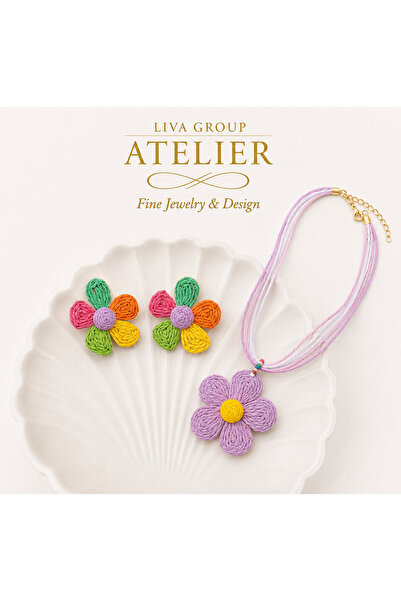 Liva Group Atelier Colorful Natural Wicker Textured Flower Model Earrings & N...