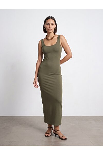 Dilvin 91733 Strappy Midi Dress-Khaki