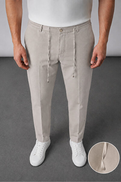 Gussi Men's Beige Relaxed Fit Elastic Waist Lace-Up Jogger Fabric Trousers