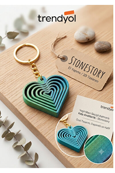 stonestory Yeşil-Mavi Geçişli Katmanlı Kalp Anahtarlık 3D Özel Tasarım Çanta ...